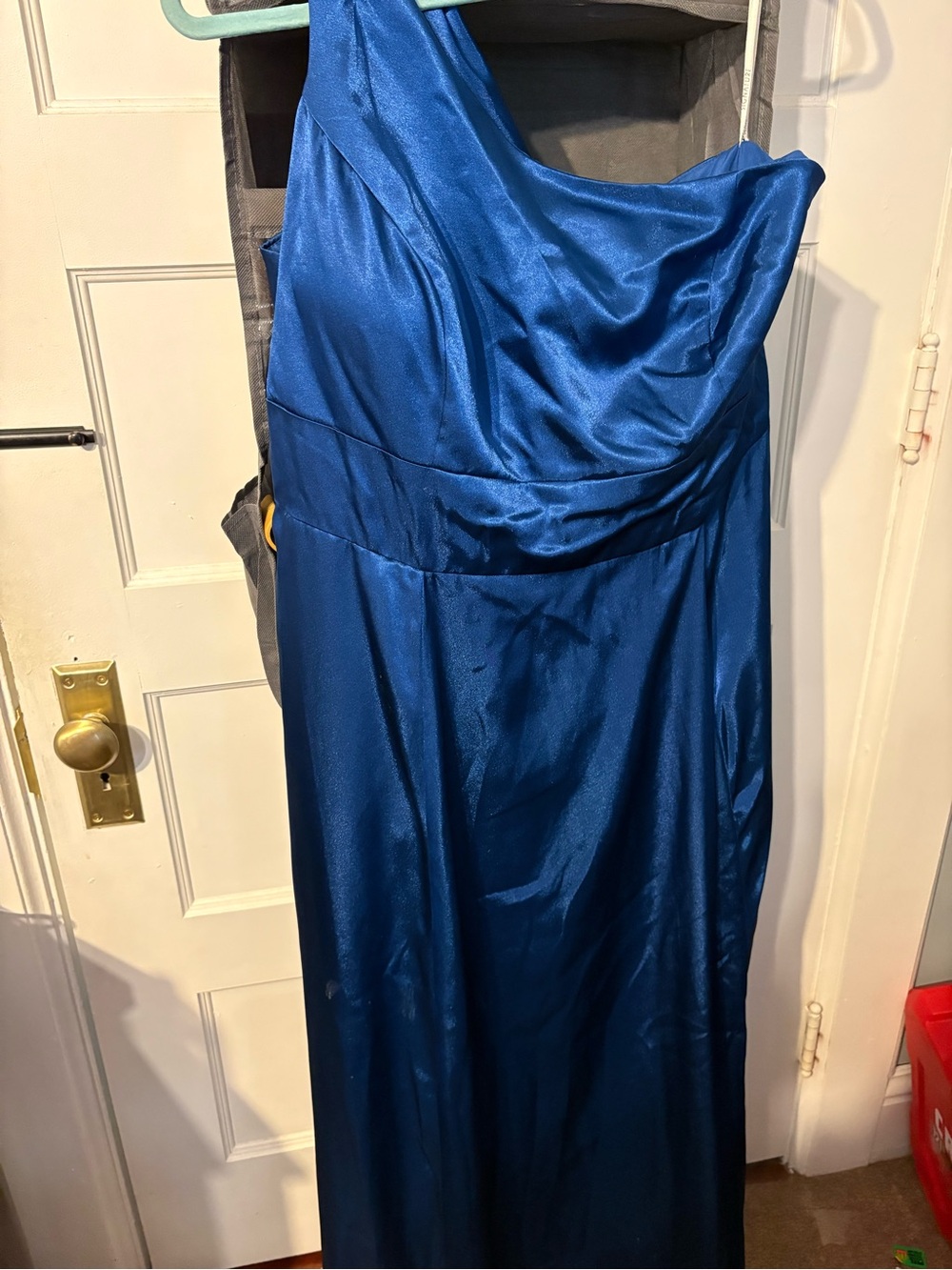 David's Bridal One-Shoulder Satin Maxi Dress in Royal Blue